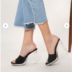 LUCITE PEEP TOE MULES HEEL SZ 9 : Black / Clear